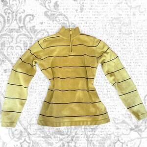 green + black striped quarter zip sweater
